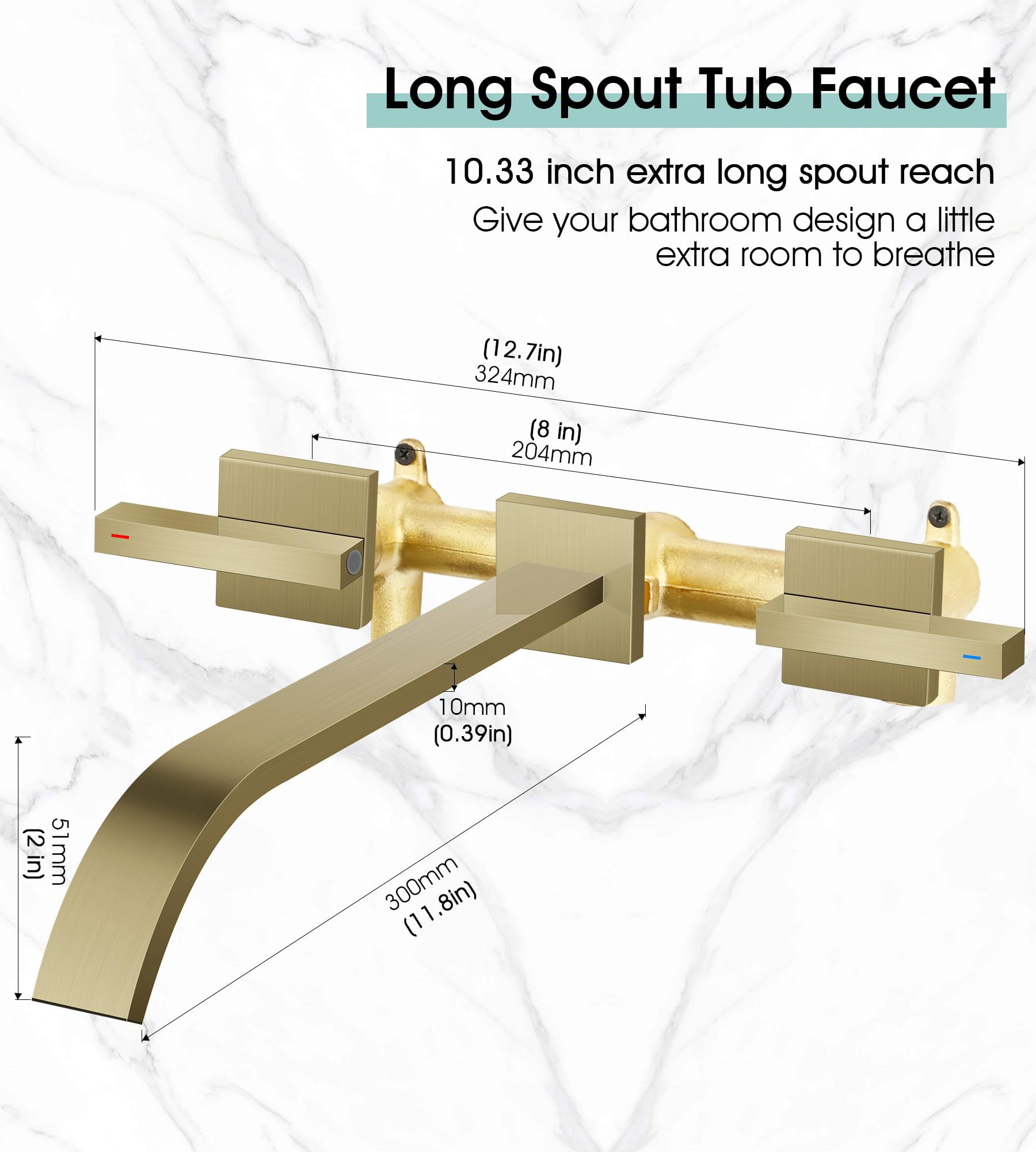 Wall Mount Tub Filler Brushed Gold Bathtub Faucet Long Spout 2 Level Handles