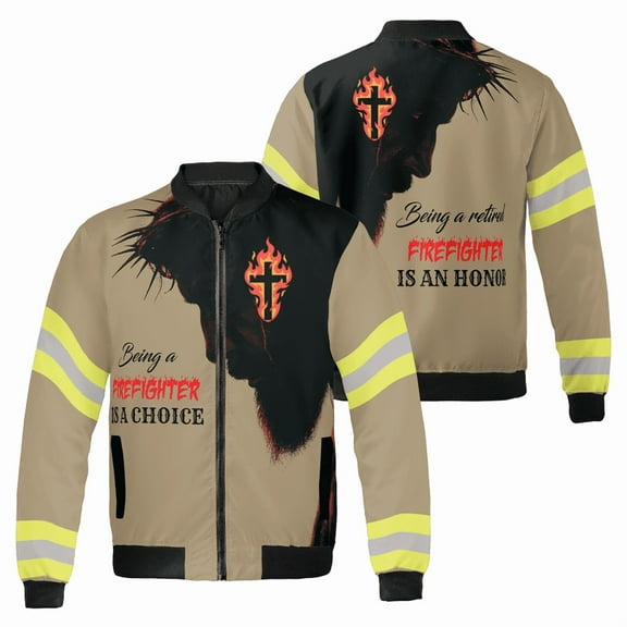 Christian Firefighter Bomber Jacket – Retired Fireman Honor Faith Cross Flame Design