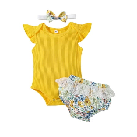 

Canrulo Summer Infant Baby Girls Solid Color Fly Sleeve Romper Bodysuit +Floral Lace Shorts+Headband 3pcs Outfits Yellow 0-3 Months