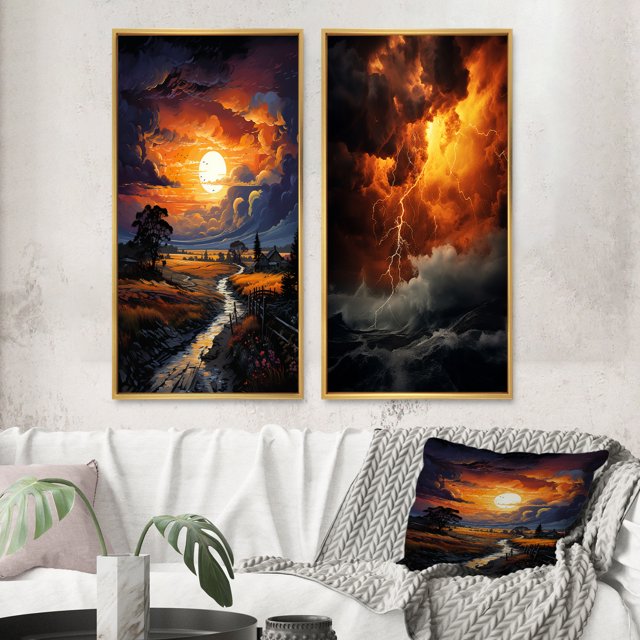 Designart "Storm Impending Fury painting" Storms Framed Wall Art Set Of 2 - Yellow Landscapes Frame Gallery Set For Office Decor