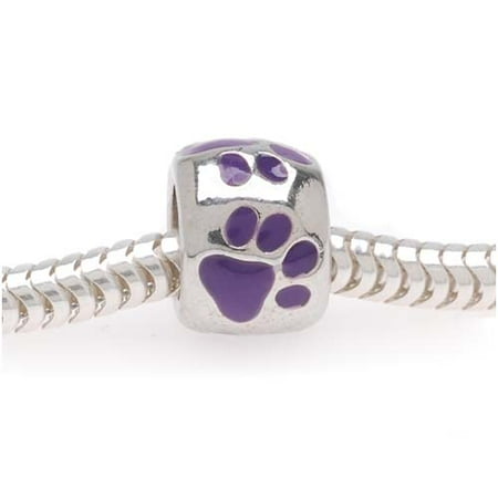 Large Hole Tube Bead - Silver Tone European Style Large Hole Bead With Purple Enamel Paw Prints (1)