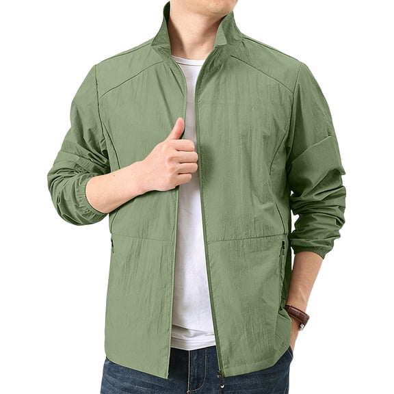 GrmtClth Men's Outdoor Breathable Stand Collar Zip Up Jacket Lightweight Quick Dry Windbreaker Sun Protection Coat For Hiking Walking Daily Weekend Wear Army Green 2XL