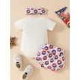 thumbnail image 3 of JYYYBF Baby Girl 4th of July Outfit, Letter Print Short Sleeve Romper Elastic Waist Shorts Bow Headband Toddler Summer Set, 3 of 6