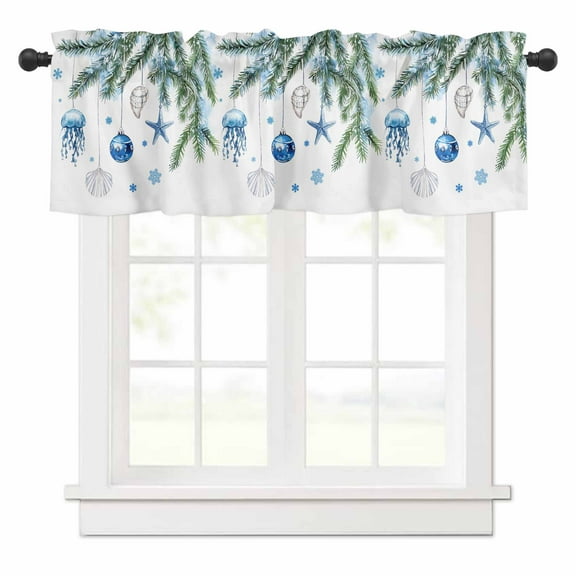 Christmas Ocean Valances for Windows Theme Blue Watercolor Christmas Balls Snowflake Rod Pocket Curtain Valance Window Treatment Short Curtains for Kitchen Living Room, 42"x18"