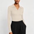 thumbnail image 5 of ClodeEU Women's Collared V Neck Ribbed Long Sleeve Sweater,Casual Slim Fit Knit Pullover Top Khaki,Women's Plus M, 5 of 6