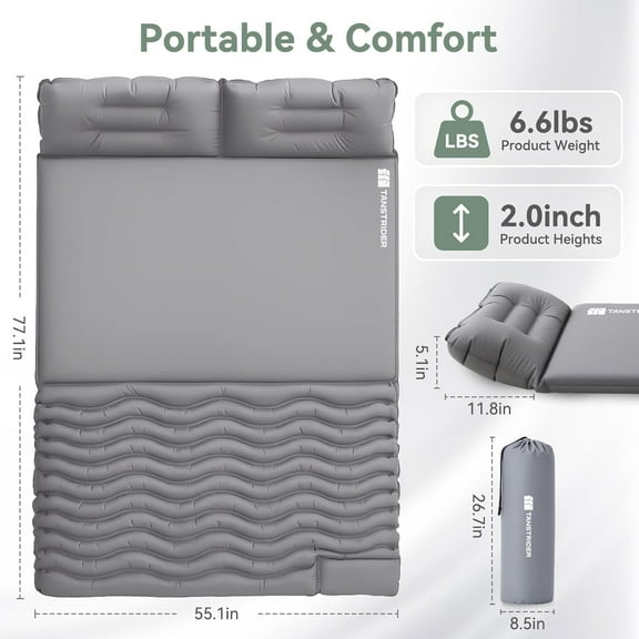 Double Sleeping Pad for Camping, Self Inflating Sleeping Mat with Pillow and Built-in Foot Pump 4-Season Backpacking Adult Form Pads for Camp/Travel/Tent/Hiking