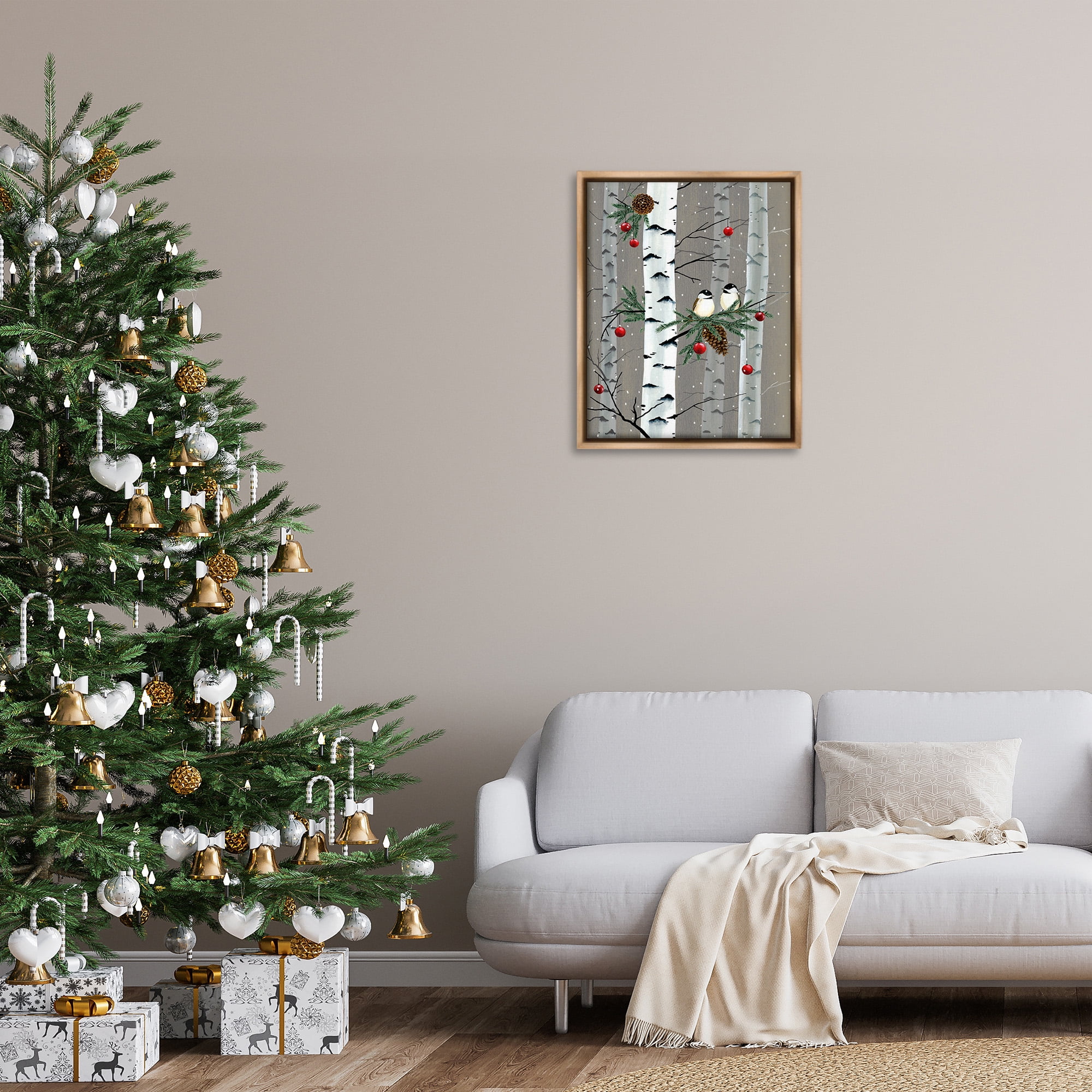 Stupell Industries Birds & Ornaments Birch Tree Forest Animals & Insects Painting Brown Floater Framed Canvas Art Print Wall Art, 25 x 31