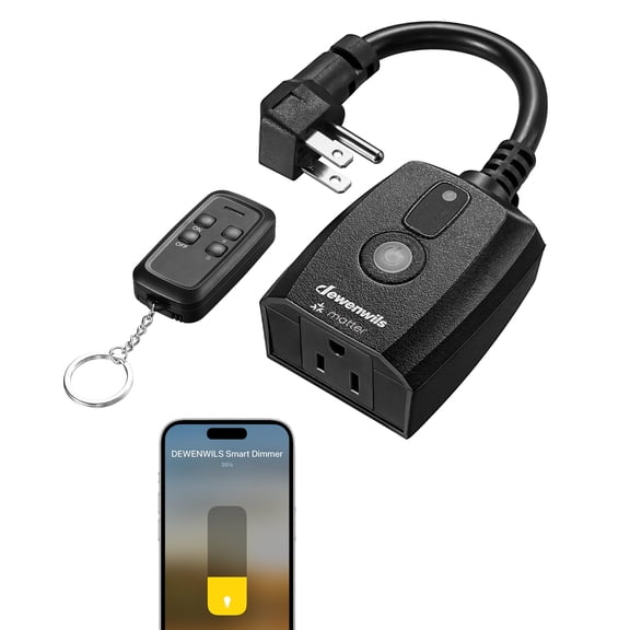 DEWENWILS Wi-Fi Matter Smart Dimmer Plug, Outdoor Dimmer for String Lights, Works with Alexa, Google Home, SmartThings, 100FT Remote, for 150W Dimmable LED/300W Tungsten Bulbs