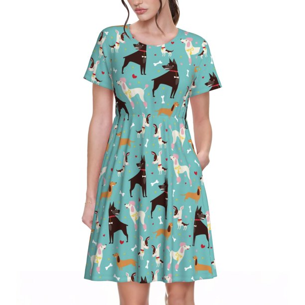 Disketp Cute Dog para Vestido de Manga Corta para Mujeres, Vestidos de Verano para Mujeres, Casual y Holgado para la Playa