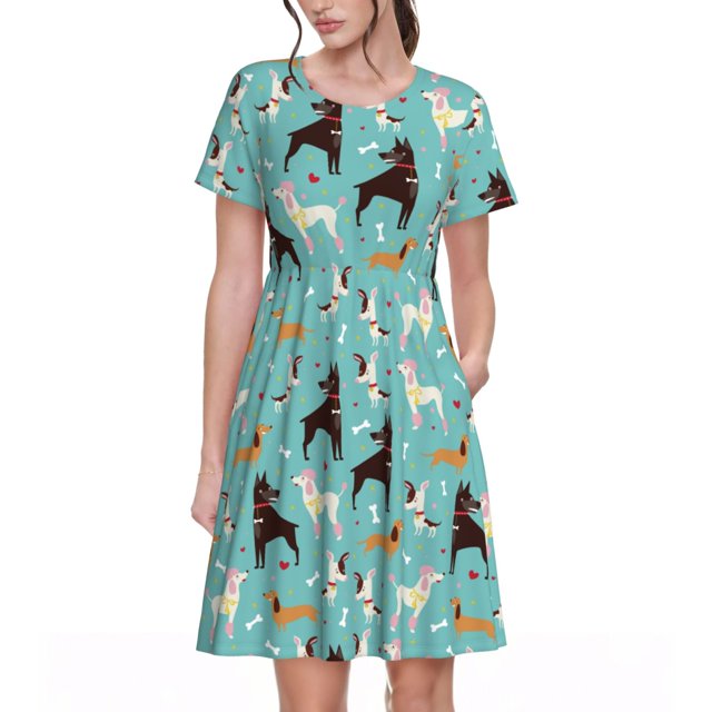 Disketp Cute Dog para Vestido de Manga Corta para Mujeres, Vestidos de Verano para Mujeres, Casual y Holgado para la Playa