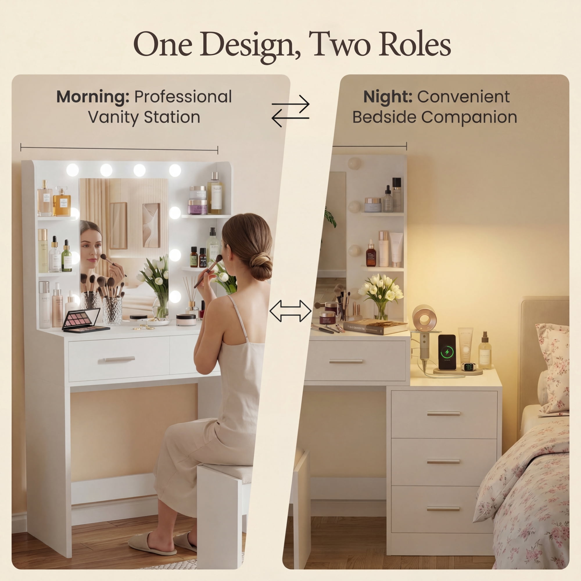 Homall Makeup Vanity Desk with LED Lights, Mirror & Power Outlet, Dressing Table with 4 Shelves and 5 Drawers, Vanity Set & Nightstand for Bedroom, White