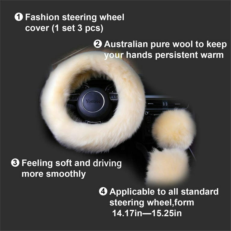 Yontree Fashion Fluffy Steering Wheel Covers for Women/Girls/Ladies  Australia Pure Wool 15 Inch 1 Set 3 Pcs (Gray)