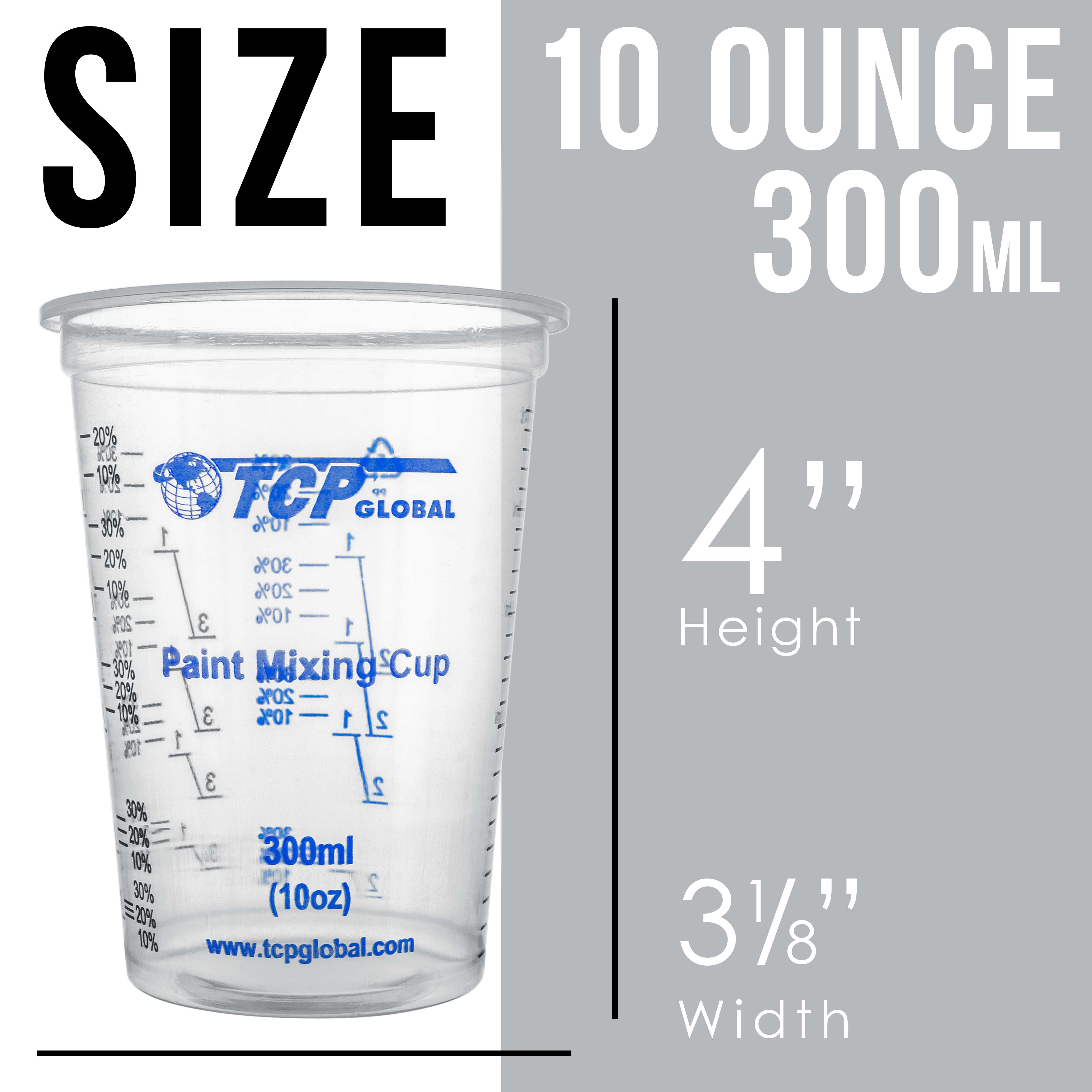 TCP Global 10 Ounce (300ml) Disposable Flexible Clear Graduated Plastic Mixing  Cups - Box of 100 Cups & 50 Mixing Sticks - Use for Paint, Resin, Epoxy,  Art, Kitchen - Measuring Ratios 2-1, 3-1, 4-1 ML 