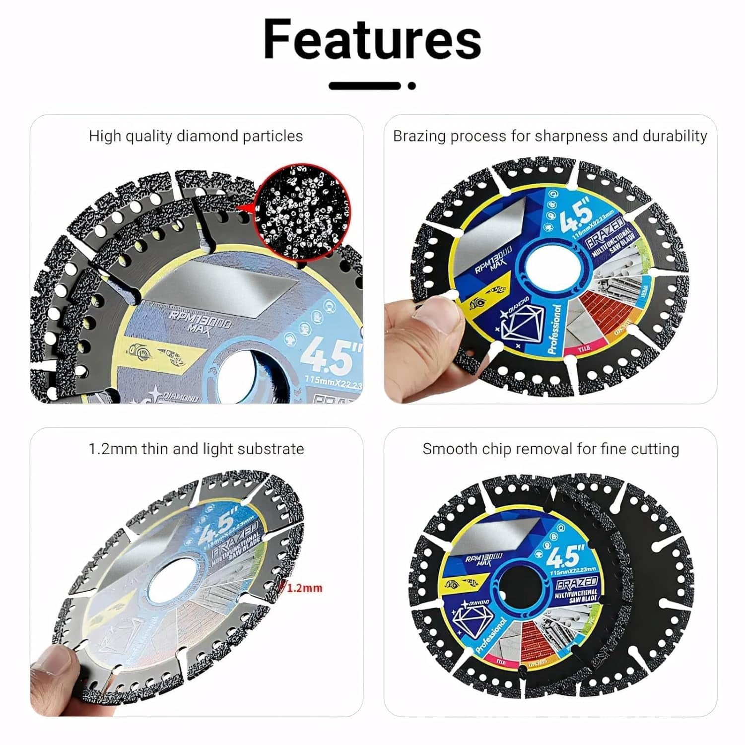 Diamond Multi-Purpose Saw Blades, Versatile 4.5" Durable Cutting Wheels with RPM Speed Guide, Durable Compound Saw Blade Dry Wet for Precise Cutting Control, for Cutting Marble Quartz Stone(2pc)