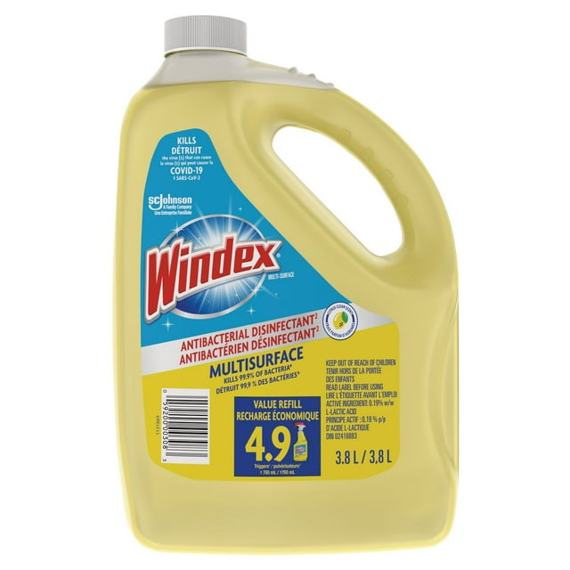 3.8 liter Windex multisurface antibacterial disinfectant refill kills 99.9% of bacteria and COVID-19 virus