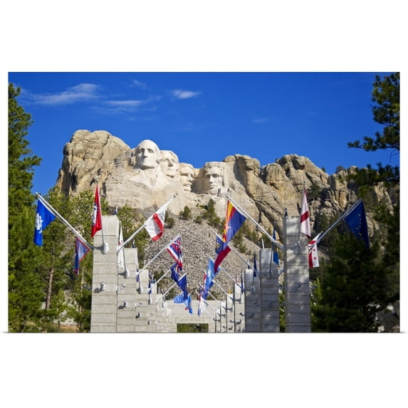 Great BIG Canvas | "South Dakota, Mount Rushmore National Memorial with flags in foreground" Art Print - 24x16