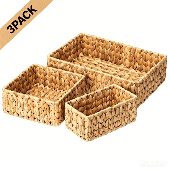 Asunby 3Pack Wicker Storage Baskets, Natural Water Hyacinth Handwoven Baskets, Small & Large Wicker Baskets Set, Decorative Woven Organizing Bins for Pantry Shelves & Home Storage
