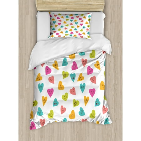 Kids Girls Twin Size Duvet Cover Set Variety Of Colorful Heart