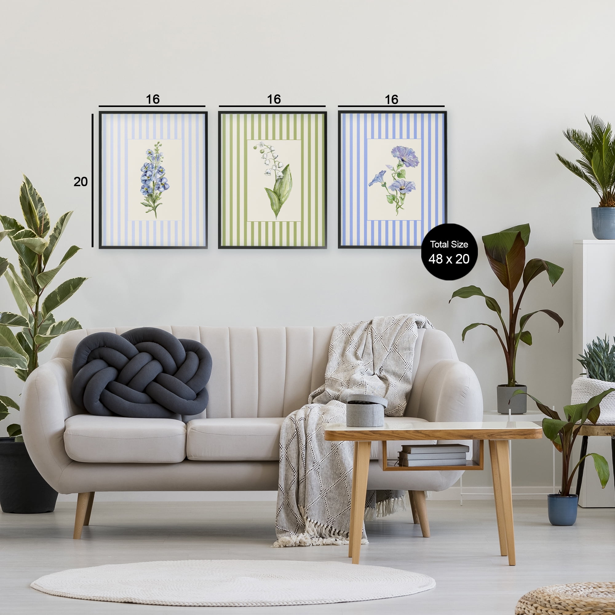 Soft Stripe Cottage Blooms 3 Piece Black Framed Giclee Art Set, design by Lisa Wehmeyer