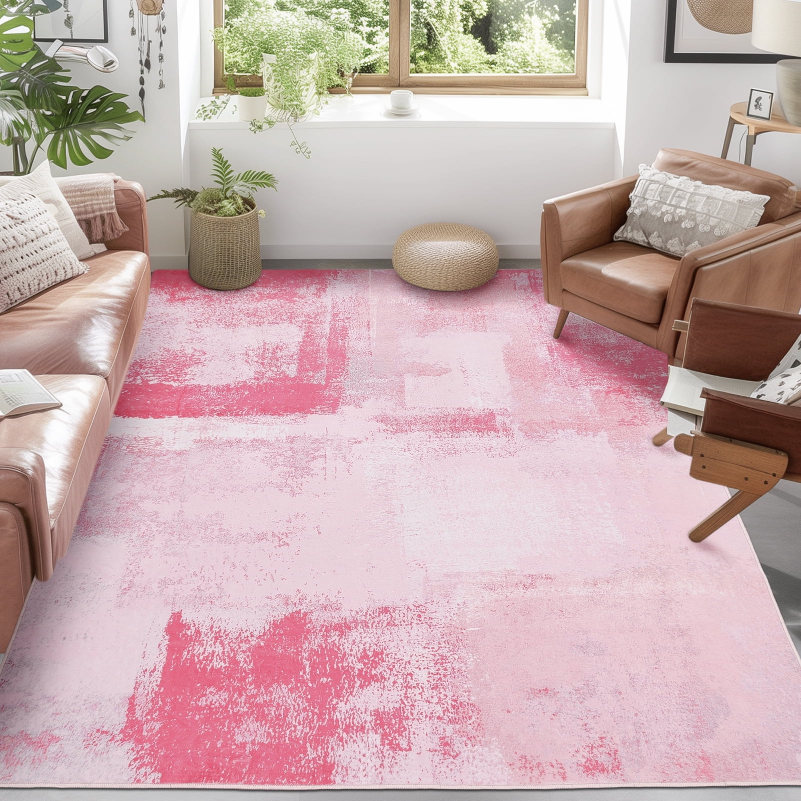 SPRINDAY Abstract Area Rug for living room, Low-Pile 5'x7' Rugs with Non-Slip Backing, Pink Carpet