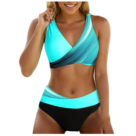 Aayomet Women s Bikini Sets Two Piece Retro Swimsuit High Waisted Bikini Tummy Control Ruched Halter Bathing Suits (Light Blue  L)