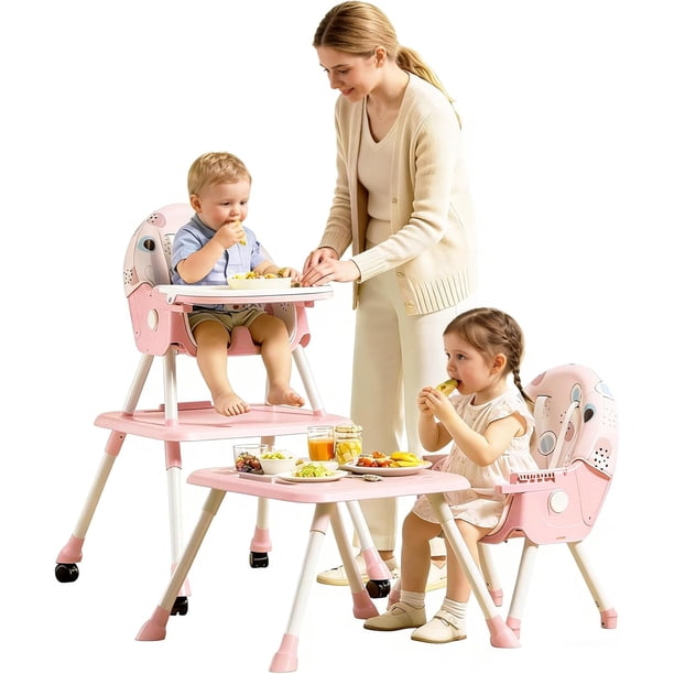 Juego de Mesa y Silla para Niños 3 En 1, Asiento Elevador Convertible para Comer con Respaldo Ajustable en 3 Posiciones, Bandeja Extraíble, Ruedas Giratorias de 360 Grados, 64 * 75 * 97cm (Rosa)