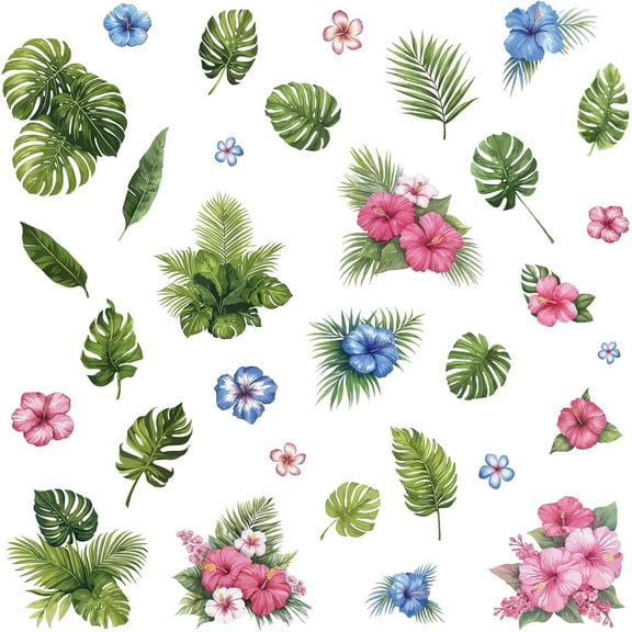 8 Sheets Tropical Leaf Wall Stickers Green Turtle Leaf Flower Window Clings Wall Decals Stickers Peel and Stick PVC Waterproof Adhesive Decor for Home Stairway Bedroom Living Room