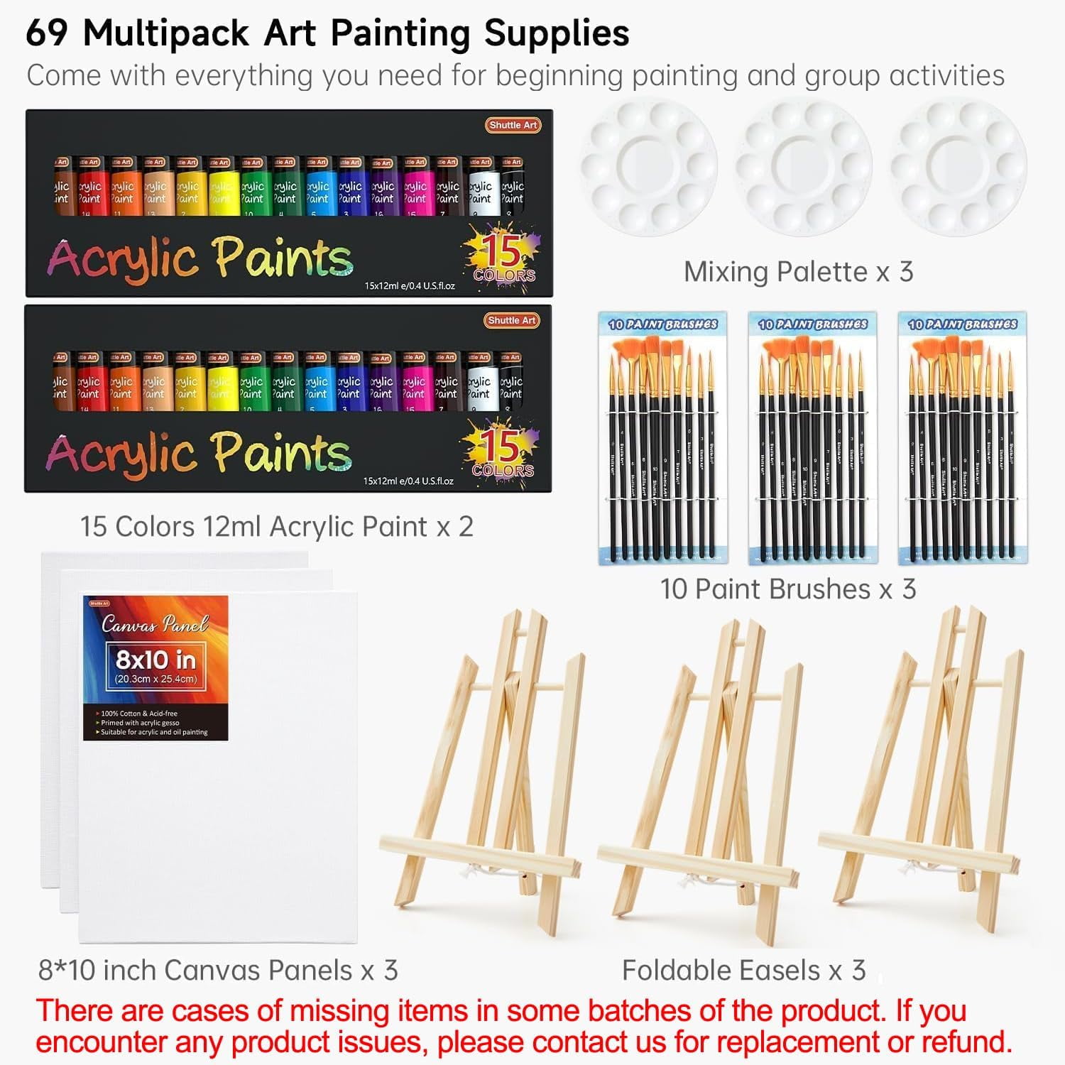 Shuttle Art 69 Pack Acrylic Paint Set, Acrylic Painting Set with 2 Pack of 15 Colors Acrylic Paint, 3 Sets of Wooden Easels, Canvas, Brushes & Palettes, Art Painting Supplies for Adults Beginner