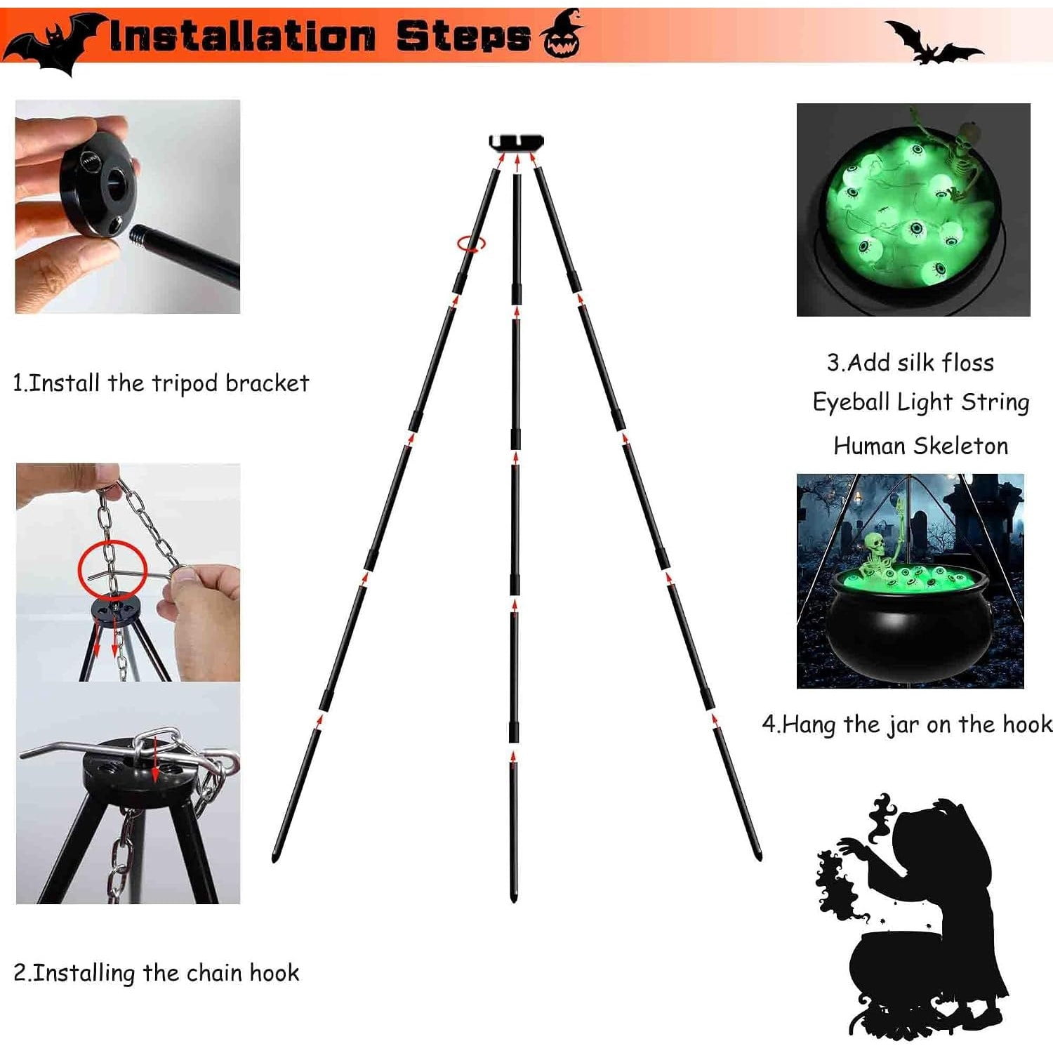 Halloween Witch Cauldron with Tripod, Lighted Eyeballs, Skeleton and Filling Cotton, Outdoor and Indoor Yard, Porch and Party Decoration