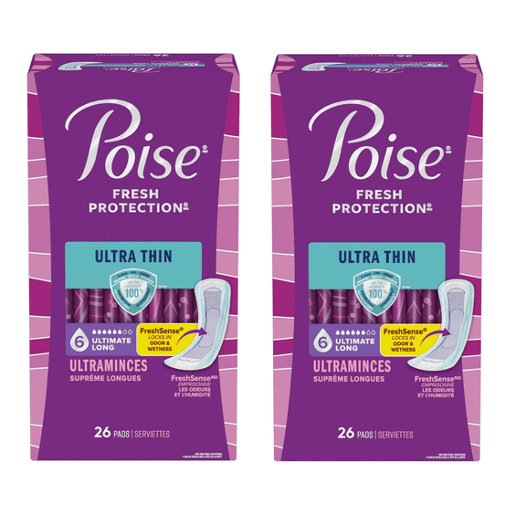 2 Pack Poise Ultra Thin Incontinence Pads, 6 Drop Ultimate Absorbency, Long Length, 26 Count