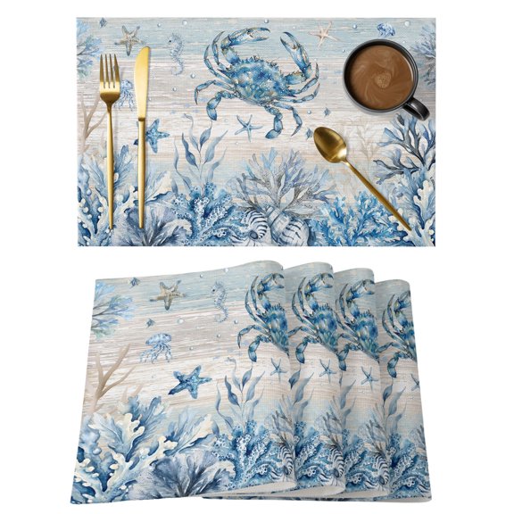 Summer Blue Ocean Crab Coral Placemats Set of 6,Wipeable Washable Table Mats for Dining Tables, Conch Starfish Retro Plank Place Mats for Kitchen Event Party Tabletop Decor