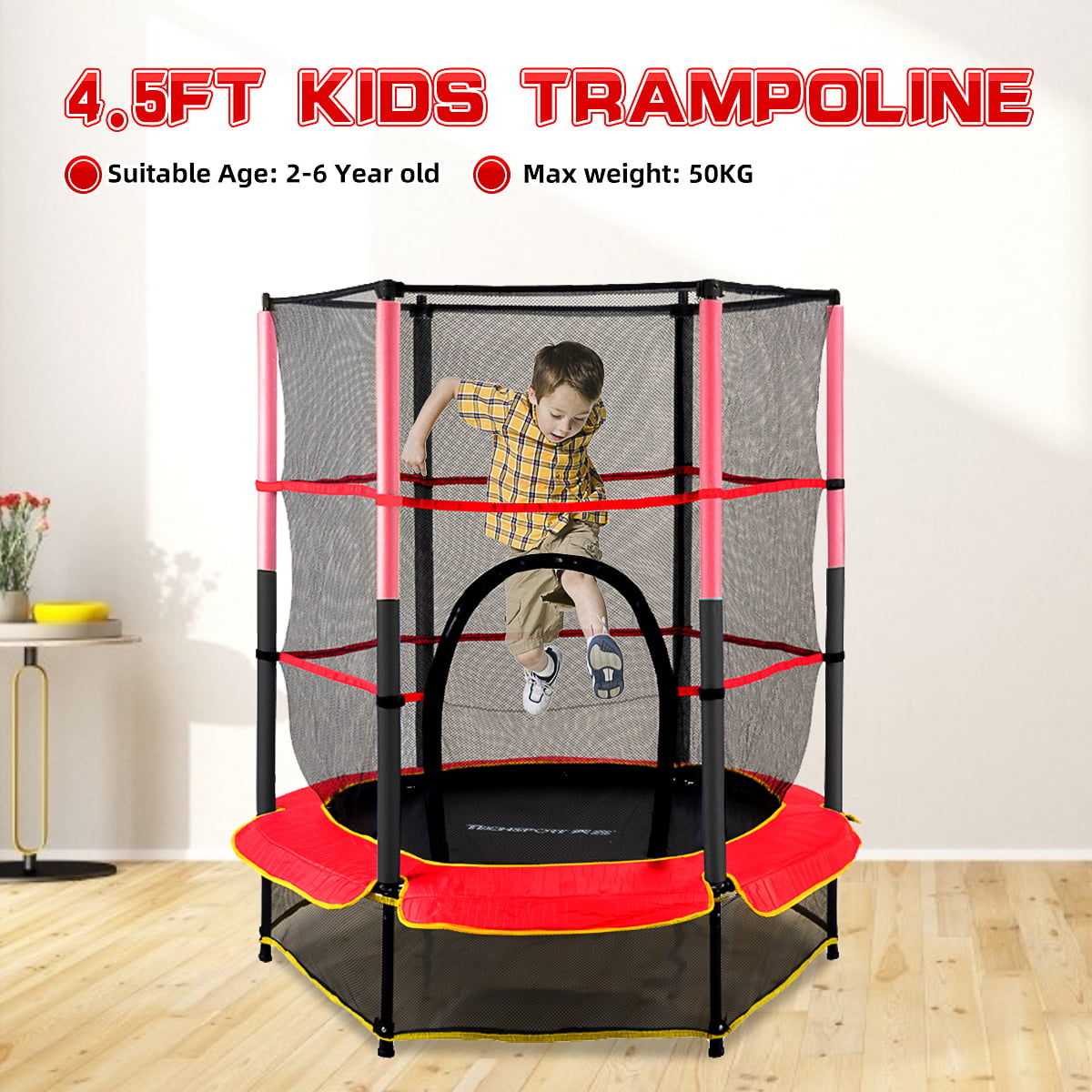 4.5 FT Round Trampoline with Enclosure Safety Net, Kids