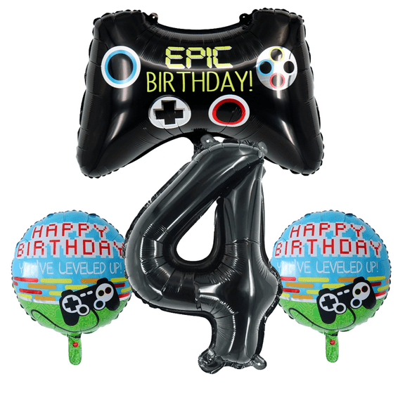 Gamer Level Up 4th Birthday Party Balloons Black Number Foil Set