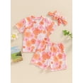 thumbnail image 2 of Nygoyerh Toddler Baby Girls Summer 3Pcs Outfits Floral Print Short Sleeve T-shirt + Elastic Waist Shorts + Headband 0-3T Infant Cute Short Pants Sets for Casual Daily, 2 of 8