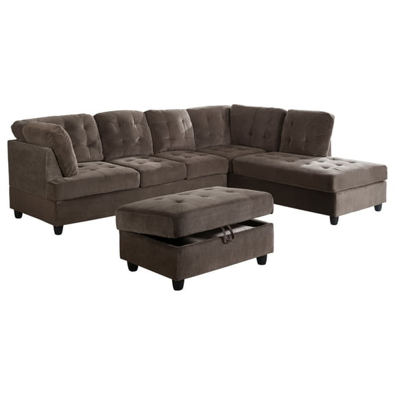 AYCP Furniture_Corduroy L Shape Sectional Sofa with Storage Ottoman, Espresso, Right Hand Facing Chaise