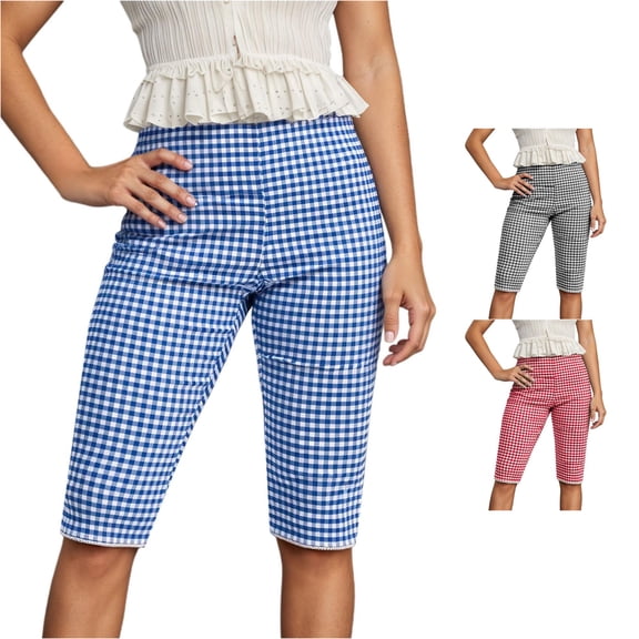 VNKIDY Womens High Waist Gingham Print Stretch Knee Length Capri Pants Summer Regular Fit Slim Soft Daily Casual Walking Bottoms For Ladies Classic Pants Blue M