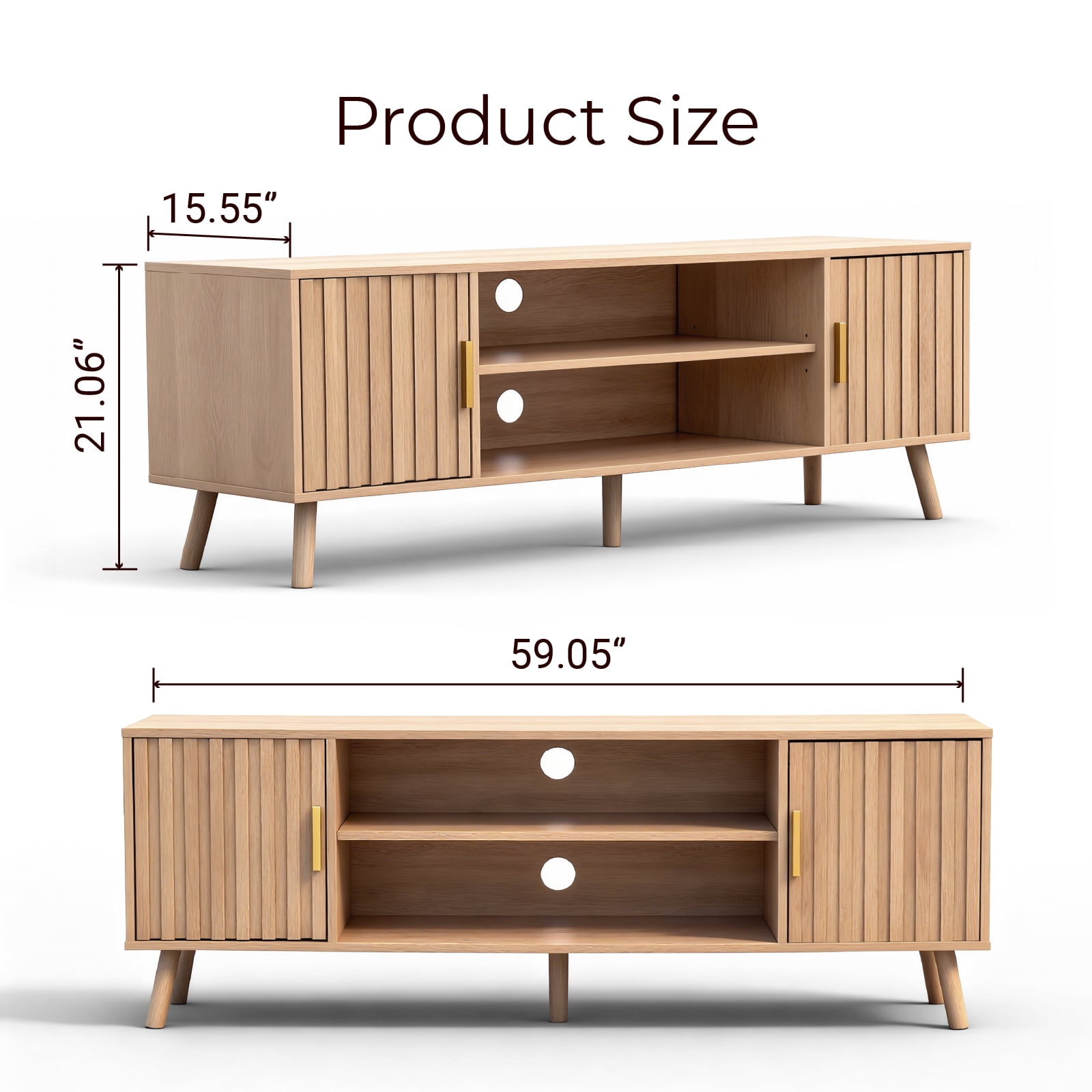 Zimtown Farmhouse TV Stand with 2 Fluted Doors, 58" Mid-Century Television Stand for 60inches TV, Light Oak Wood Television Stand with Storage
