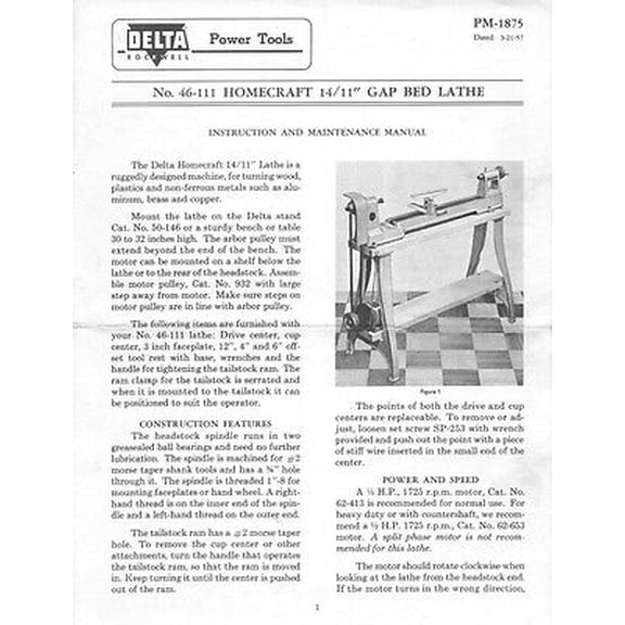 Delta Rockwell 46-111 Homecraft 14/11" Gap Bed Lathe Instructions REPRINT