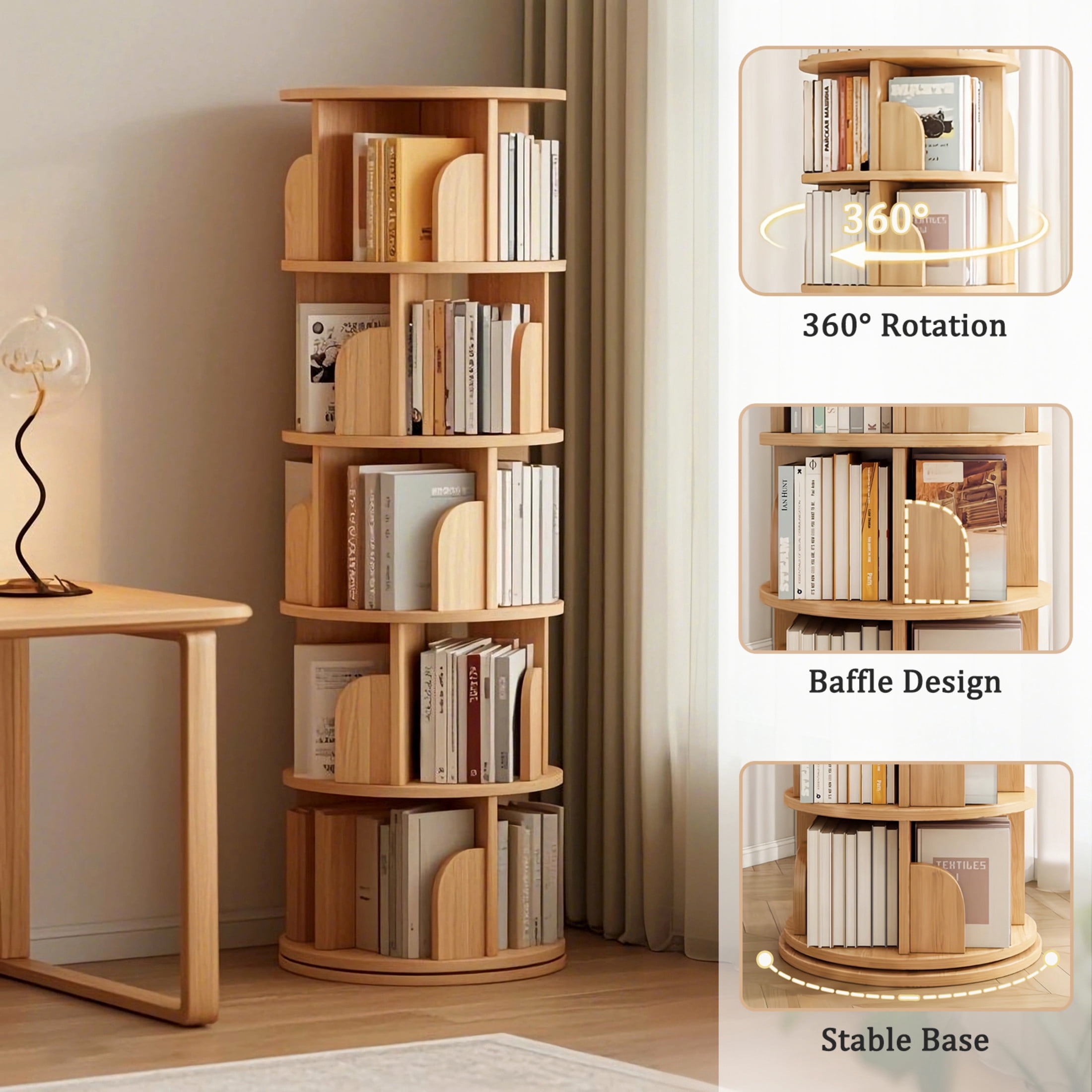 Noble House Pamela 5-Tier 360° Rotating Bookshelf, Round Display Tower, Space-Saving, for Home Office, Natural