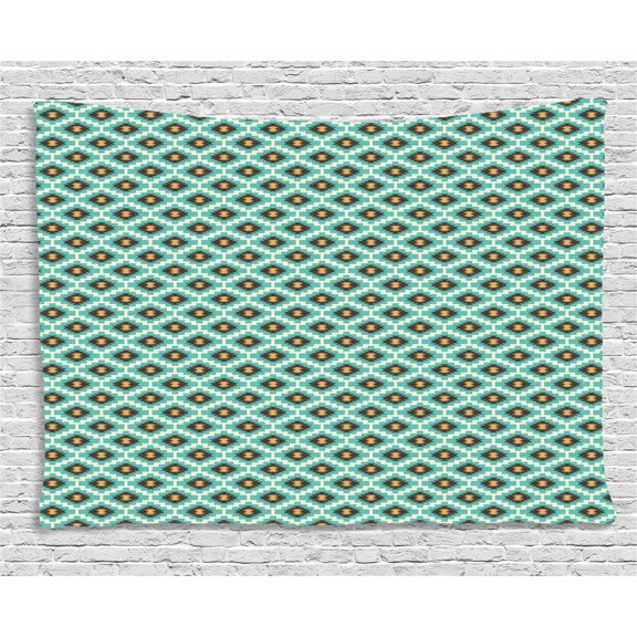 Mexican Tapestry, Vintage and Geometrical Shapes Peruvian Tribal Culture Inspired, Wall Hanging for Bedroom Living Room Dorm Decor, 80W X 60L Inches, Pale Blue Brown and Apricot, by Ambesonne
