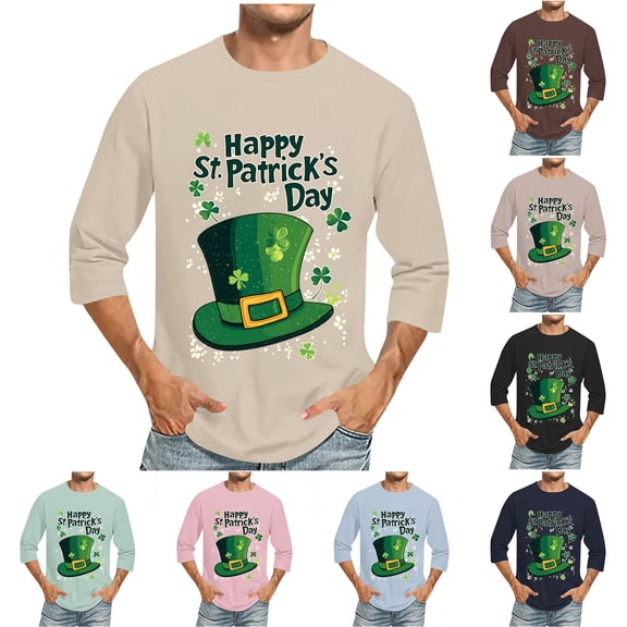 Jinhomg Holiday Graphic Tees for Men Novelty St. Patrick's Day Tops Big and Tall Comfy 3/4 Sleeve Crew Neck Party Tops Funny Gifts Lighten Beige XXXL