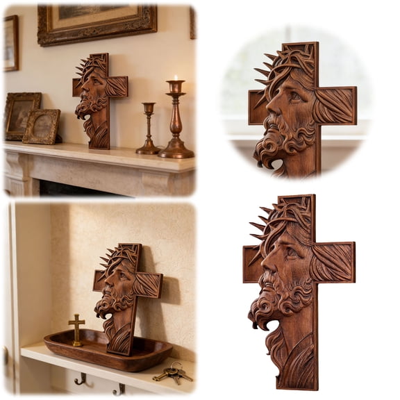 Wooden Carved Cross Decor Faith-Inspired Wall Art Minimalist Desktop Ornament Religious Tabletop Figurine For Home Display(Brown-11.8In)