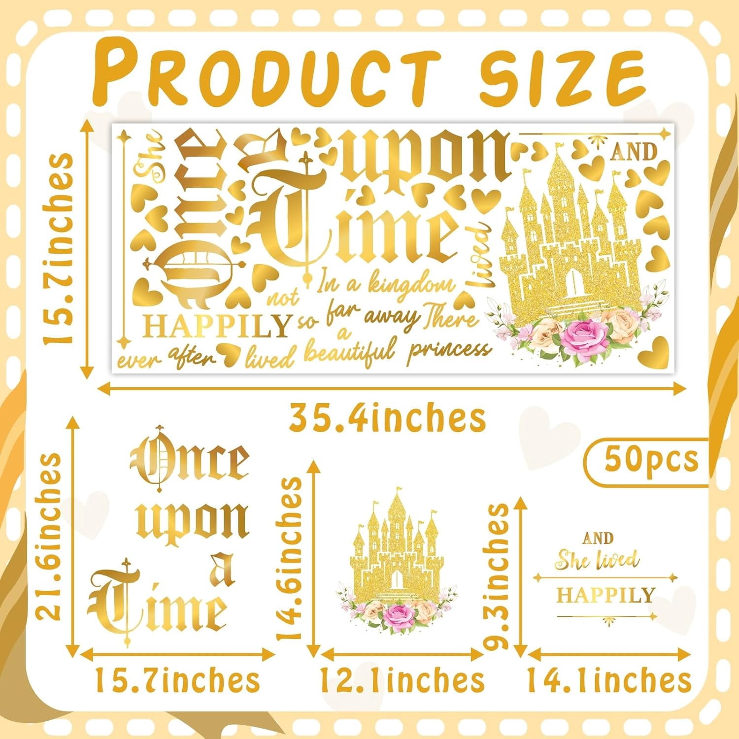 Happy Birthday Sign Sticker Once Upon a Time Decals for Backdrop Princess Birthday Party Decorations Signs for Balloon Arch Baby Girls Women Birthdays Vinyl Sticker Castle Photo Background Supplies