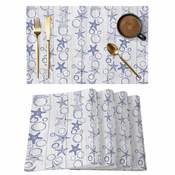 Navy Blue Coastal Placemats Set of 4, Starfish Nautical Ocean Sea Wooden Placemats for Dining Table, Place Mats for Kitchen Tabletop, Waterproof Wipeable Dining Table Mats Set