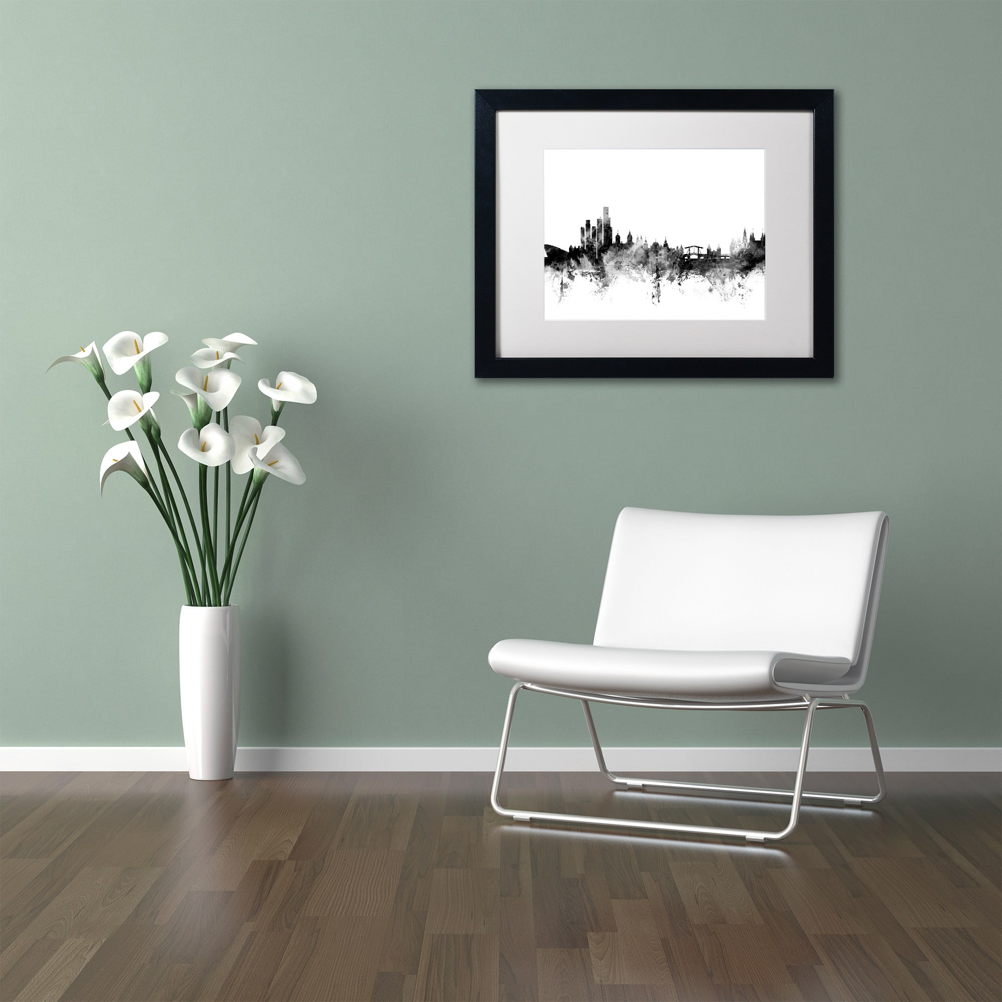 Trademark Fine Art "Amsterdam Skyline B&W" Canvas Art by Michael Tompsett, White Matte, Black Frame