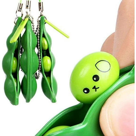 LQQBOX 3 Pcs Fidget Toy Set, Squeeze-a-Bean Soybean Stress Relieving Playful Charms Extrusion Edamame Pea Keychain for Mobile Phones and Keys - Green