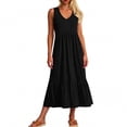 thumbnail image 4 of Xdegoge Linen Summer Boho Dress for Women Maxi Tiered V Neck Sleeveless Sundress Solid Flowy Beach Vacation Outfit, 4 of 7