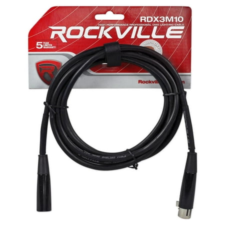 Rockville RDX3M10 10 Foot 3 Pin DMX Lighting Cable 100% OFC Copper Female 2 Male