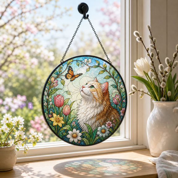 Cat Stained Glass Suncatcher Window Hanging, Spring Garden Cat Lover Gift