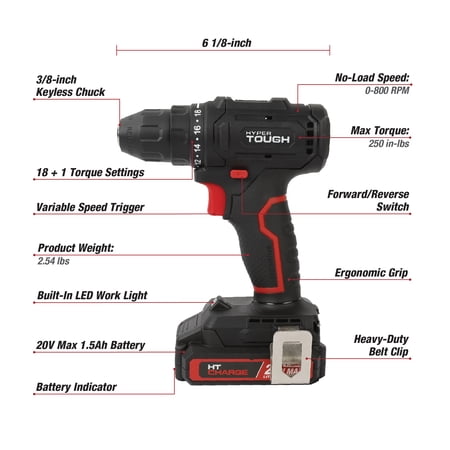 HYPER TOUGH 20V MAX BRUSHLESS CORDLESS DRILL DRIVER WITH 1.5AH LITHIUM-ION BATTERY AND CHARGER